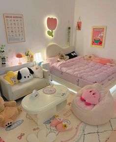 a child's bedroom decorated in pastel colors with teddy bears on the floor