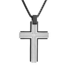 "Showcase the strength of your faith with this elegant two tone stainless steel cross pendant necklace. Showcase the strength of your faith with this elegant two tone stainless steel cross pendant necklace. Pendant size: 1.89""L x 1.18""W Chain length: 24 in. Chain type: box Clasp: lobster-claw Metal: stainless steel Plating: black ion plated Finish: polished Additional details: ribbed design, cubic zirconia accent Packaging: boxed Please note, due to the high value of this item, a signature may Tarnish Resistant Stainless Steel Cross Pendant Jewelry, Symbolic Stainless Steel Cross Necklace, Stainless Steel Pendant Cross Necklace For Gift, Modern Stainless Steel Cross Pendant Necklace, Black Stainless Steel Cross Pendant Necklace, Stainless Steel Cross Pendant, Steel Cross, Box Clasp, Necklace Size