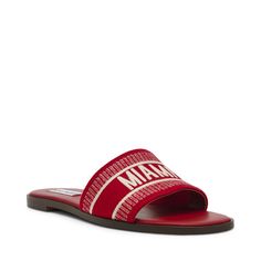 PRICES MAY VARY. Steve Madden Womens Flat slide sandal Woven strap with text design .5 inch heel height Red Slides, Womens Slides Sandals, Steve Madden Sandals, Red Sandals, Womens Slides, Synthetic Rubber, 5 Inch Heels, Text Design, Pharmacy Gifts