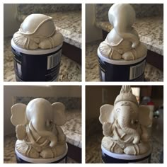 four pictures of an elephant statue sitting on top of a table