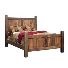 a bed frame made out of wood with a quilt on the top and bottom end