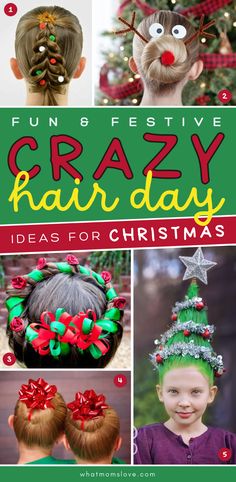 Who From Whoville Hair, Holiday Hair Day School, Crazy Hair Day At School For Girls Easy Short, Christmas Parade Hairstyles, Crazy Christmas Hair Day Ideas, Crazy Hair Day Ideas For Christmas, Christmas Crazy Hair Day Short Hair, Silly Christmas Hairstyles, Curly Crazy Hair Day Ideas