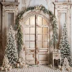 an old door decorated with christmas trees and candles