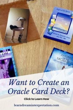 there are four cards on the table with text overlay that says, want to create an oracle card deck?