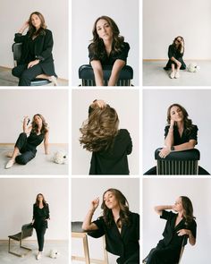 a woman sitting on a chair with her hair blowing in the wind and posing for pictures