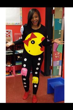 a woman in a black shirt and leggings with an angry bird on it