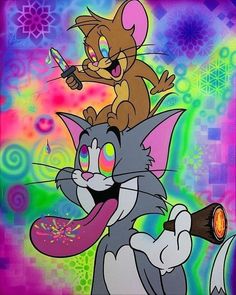 an image of two cartoon cats on top of each other in front of a colorful background