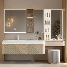 a modern bathroom with two sinks and large mirrors on the wall above it is illuminated by lights