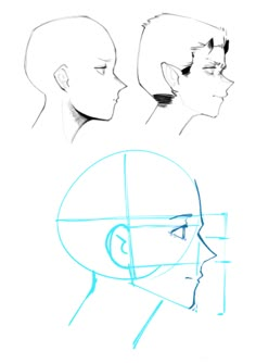 three different angles of the face and head, with one being drawn in blue pencil