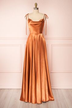 Solid Color Dress Formal, Orange Satin Prom Dress, Reception Outfit, Medieval Dress, Silky Fabric, Pretty Prom Dresses, Satin Prom Dress