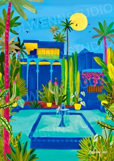 a painting of a pool surrounded by palm trees and potted plants in front of a blue building