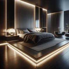 a large bed sitting in the middle of a bedroom next to a night stand with lights on it