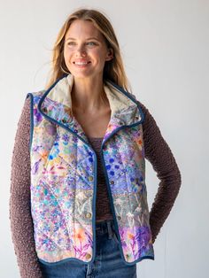 Quilted Puffer Vest - Blue Watercolor Patchwork-view 1 Multicolor Quilted Spring Outerwear, Cold Weather Patchwork Fleece Jacket, Luxury Multicolor Quilted Outerwear, Floral Quilted Vest, Multicolor Long Sleeve Quilted Jacket, Quilted Puffer Vest, Live Happy, Natural Life, Puffer Vest