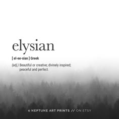 an advertisement for elysiann featuring trees in the background and foggy sky behind it