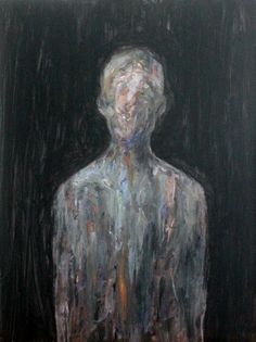 a painting of a person standing in front of a black background with white paint on it