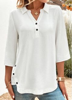 Color:White;Size:S;Size:M;Size:L;Size:XL;Size:XXL;Package Contents:1 X Blouse;Occasion:Casual;Style:Casual; Blouse Size Chart, Solid Texture, Basic Blouses, Trendy Tops For Women, Middle Age Fashion, Flattering Tops, Plain Blouse, Hem Blouse, Loose Shirts