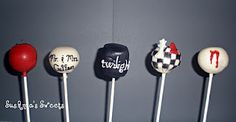 six cake pops with different designs on them