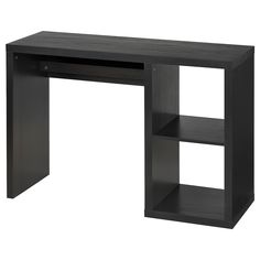 a black desk with two shelves on each side