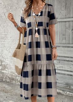 A Line V Neck Dress, Elegant Dresses Plus Size, Latest Dress For Women, Dress Sale, Printing Design, Plaid Tops, Plus Size Swimwear, Plaid Print, Swim Dress