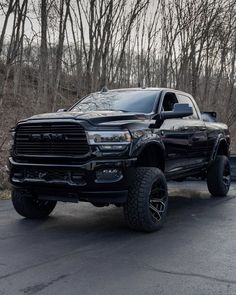 a black truck is parked in front of some trees