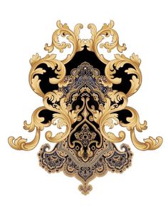 an ornate gold and black design on a white background