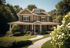 a large brown house surrounded by trees and bushes