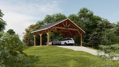 two cars parked under a covered pavilion in the middle of a field with trees and grass