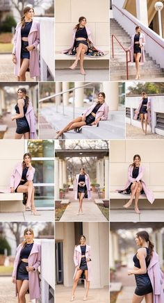 a collage of photos showing the different poses of a woman in black dress and pink coat