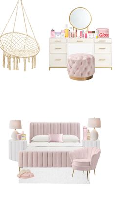 a bedroom with pink furniture and accessories