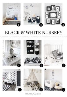 black and white nursery decor with pictures on the wall