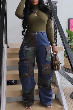 Bottoms Straight Denim Jeans, Looks Black, Camouflage Print, Looks Chic, Baddie Outfits Casual, Cute Everyday Outfits, Cute Simple Outfits, Fall Fashion Outfits, Pocket Jeans