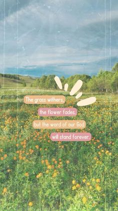 a field full of flowers with the words, the grass is greeners, that flower fadess but the word of our god will stand forever