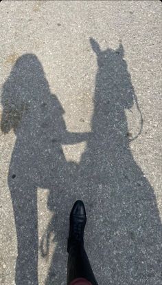 the shadow of a person standing next to a horse on cement ground with one leg in the air