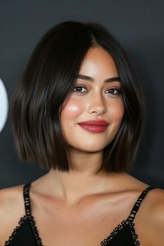 Gerade Kante Bob: 57+ schicke Schnittideen - hairtastic.de Black Chin Length Hair, Round Face With Bob Haircut, Dark Bob With Fringe, Old School Short Hair, Chin Length Bob Plus Size, Short Dark Hair Women, Princess Bob Haircut, Bob With Straight Hair, European Bob Hairstyles