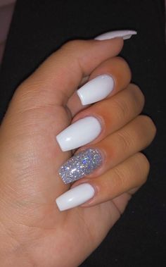 Nails Acrylic White Tip, Nails Acrylic White, Dance Nails, Plain Nails, Graduation Nails, Formal Nails, White Glitter Nails, Winter Nails Acrylic, White Acrylic Nails