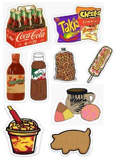 various stickers with different types of food and drinks on them, including sodas