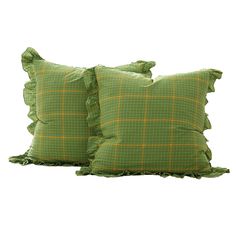 two green and yellow pillows with ruffled edges