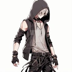 an anime character wearing black and white clothing with his hands on his hips, holding two swords