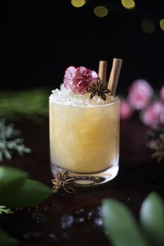 a drink with an orange and cinnamon garnish on the rim, topped with star anisettes