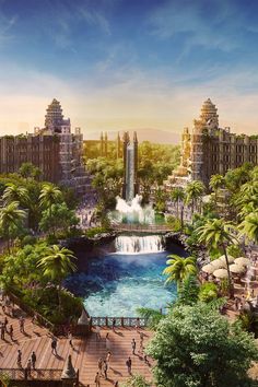 an artist's rendering of a city surrounded by palm trees and water features waterfall