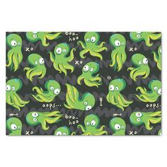 an octopus pattern with green eyes and tentacles on a black background canvas wall art print