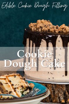 a cake sitting on top of a blue plate next to a slice of cake with chocolate frosting