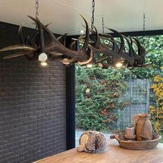 a wooden table topped with lots of antlers hanging from the ceiling