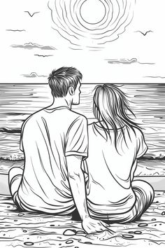 two people sitting on the beach looking out at the ocean