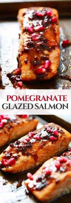 the salmon is covered in pomegranate and garnished with cranberry sauce