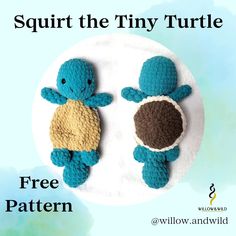 two crocheted stuffed turtles sitting on top of a white plate with the words squirt the tiny turtle free pattern