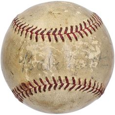 an old worn baseball with red stitching on the outside and inside, isolated against a white background