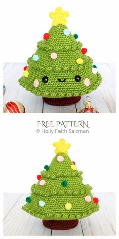 crocheted christmas tree is shown in two different pictures, one with eyes and the other without