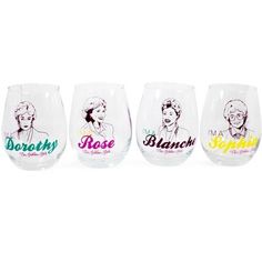 four wine glasses with the names of different women on them, all in different colors