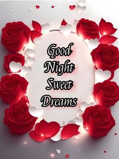 good night sweet dreams with red roses and hearts on the white background for valentine's day